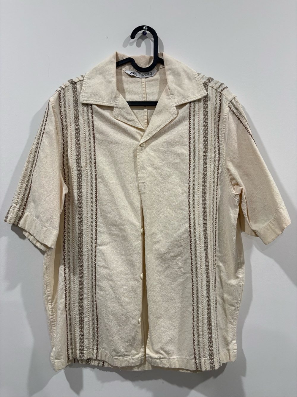 Zara Striped Embroidered Short Sleeve Button Up